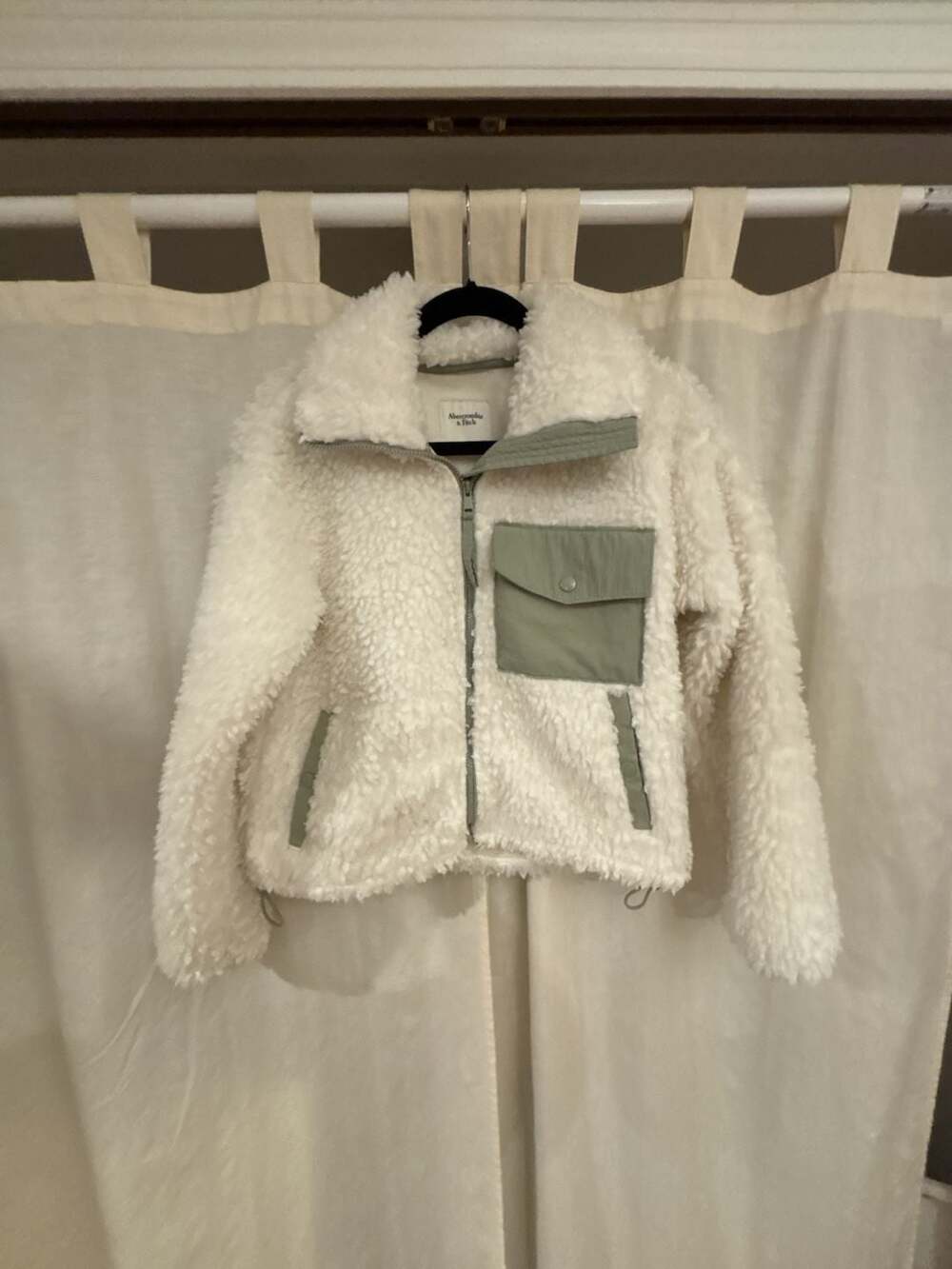 Abercrombie & Fitch Full-Zip Utility Sherpa Jacket In White and Sage Green